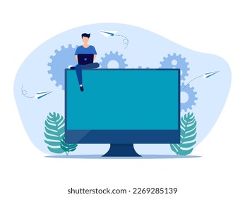 Man working on laptop online. Work independently or be your own boss. online business concept