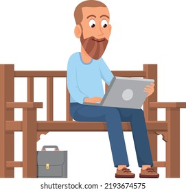 Man working on laptop outdoor. Guy sitting on park bench