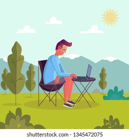 Man working on laptop in the park. Flat cartoon character sitting behind a computer, freelancer workplace, work desk. Business concept vector illustration