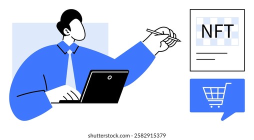 Man working on a laptop and pointing to an NFT document with a pen, accompanied by a shopping cart icon. Ideal for digital art, e-commerce, blockchain, cryptocurrency, finance, technology, and online