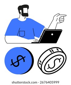 Ein Mann, der am Laptop arbeitet und nach vorne zeigt. Umlaufwährungssymbol mit Schrägstrich und Münze mit Dollarzeichen. Ideal für Finanzdienstleistungen, digitale Wirtschaft, Business Marketing, Investitionskonzepte, online