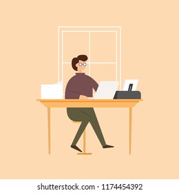 Man working on laptop, Printer and papers. Man is working at his laptop. Vector illustration.