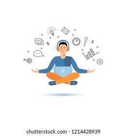 Man is working on laptop. Programmer or project manager in a yoga pose. Flat and line styles vector illustration.