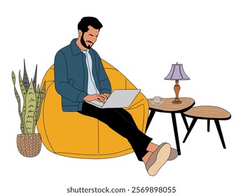 Man working on laptop, relaxing on cozy bean bag chair. Freelance guy work from home, sitting on beanbag sin comfortable interior. Flat vector illustration isolated on white background