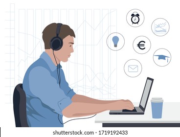A man is working on a laptop. Remote work at the computer. Online learning. Business-process. Vector illustration of flat.