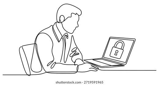 Hombre que trabaja en el ordenador portátil con el icono de la cerradura de la seguridad, que simboliza la protección de datos y el Vector de la ciberseguridad, ilustración