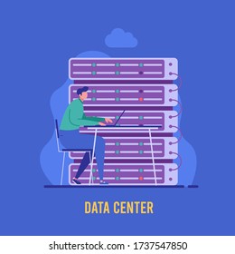 Man working on laptop and servicing web server. Big data engineering. Concept of data center, cloud storage, internet server. Vector illustration in flat design for UI, banner, mobile app