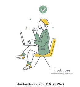 hombre trabajando en laptop, ilustración simple y amigable