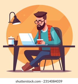 Man working on laptop simple theme illustration