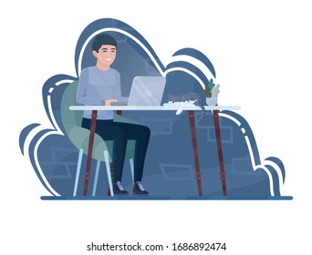 Man working on laptop sitting at home office desk at night. Freelance or distance studying and self education. Male student or employee E-learning, remote job. Concept vector in cartoon flat style.