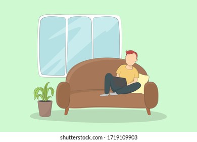 Mann, der an Laptop arbeitet und auf Sofa sitzt. Vektorgrafik.