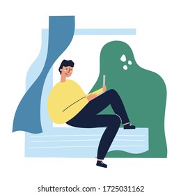 Man working on a laptop sitting on a window. Freelance, work at home concept. Hand drawn flat vector illustration.