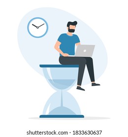 A man working on a laptop sitting on big hourglass. Multitasking, productivity and time management concept. Vector Illustration