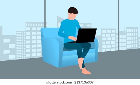 man working on laptop sitting on sofa, work from home and flexible work hour character vector illustration.