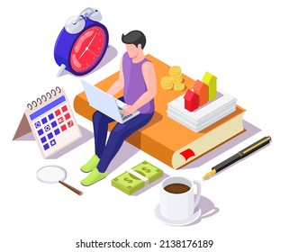 Man working on laptop sitting on notepad next to calendar, clock, money, coffee, flat vector isometric illustration. Time management concept. Process of planning and controlling working time.