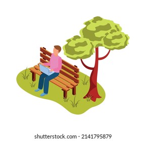 Man working on laptop sitting on wooden bench in green city park 3d isometric vector illustration