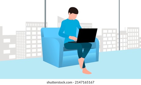 hombre trabajando en un portátil sentado en un sofá, trabajo desde casa y flexible ilustración vectorial de la hora de trabajo.