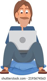 Man working on laptop and sitting on pillow. Cartoon happy guy with gadget