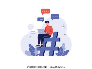 Homem trabalhando em um laptop sentado em um símbolo de hashtag grande com bolhas de fala sobre a cabeça representando comunicação de mídia social e interação on-line