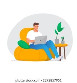 Man working on a laptop on a sofa work from home minimal flat illustration.