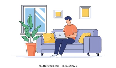 Man Working on Laptop on Sofa in a Bright Living Room Enjoying a Comfortable Work From Home Setup
