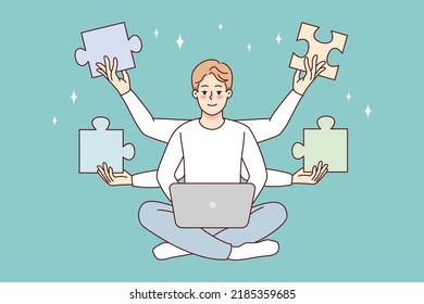 Man working on laptop solving business problem. Male employee with jigsaw puzzles above head use computer find issue solution. Vector illustration. 