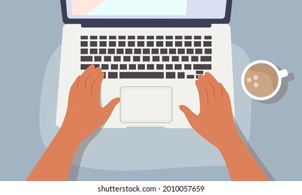 Man working on laptop, student or freelancer. Vector illustration in flat style
