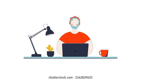 Man working on the laptop , student or freelancer concept isolated on the white background. Vector illustration in a flat style