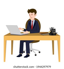 A man is working on a laptop. A man in a suit is sitting at a desk with a laptop. On the table are office supplies. Vector image for animation. Editable strokes. All the details are on separate layers