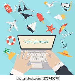 Man working on laptop with summer vacation symbols around. Dreaming about vacation vector background concept