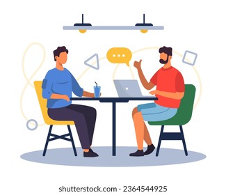 Man working on laptop and talking with colleague. Concept of increasing productivity and efficiency in business. Flat vector illustration in cartoon style in blue colors