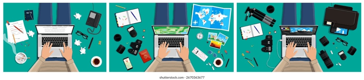Man working on laptop. Top view office desk showing creative and business workspace, flat design.