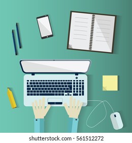 A Man Working on a Laptop Top View Flat Design Illustration