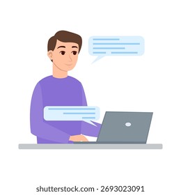 Hombre que trabaja en el ordenador portátil que escribe en una Ilustración vectorial de la conversación del chat