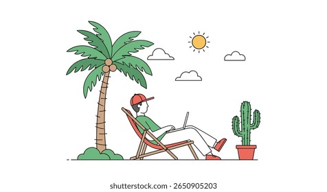 Man working on laptop under palm tree on a sunny day near a cactus