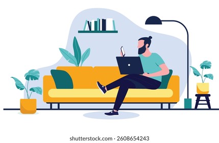 Man working on laptop and using phone at home - Person sitting in sofa or couch with computer and smartphone reading and surfing online while relaxing in living room. Flat design vector illustration