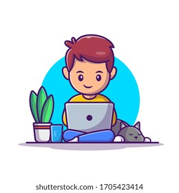 Man Working On Laptop Vector Icon Illustration. Work From Home Mascot Cartoon Character. People Icon Concept Isolated. Flat Cartoon Style Suitable for Web Landing Page, Banner, Flyer, Sticker, Card