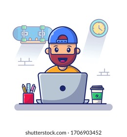 Hombre Trabajando En Ilustración De Icono De Vector Portátil. Obra Del Caricaturista De Mascota Doméstica. El Concepto De Icono De La Gente Aislado. Estilo de caricatura plano adecuado para Web Landing Page, banner, volante, adhesivo, tarjeta