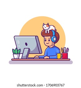 Man Working On Laptop Vector Icon Illustration. Work From Home Mascot Cartoon Character. People Icon Concept Isolated. Flat Cartoon Style Suitable for Web Landing Page, Banner, Flyer, Sticker, Card