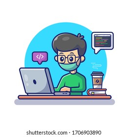 Man Working On Laptop Vector Icon Illustration. Work From Home Mascot Cartoon Character. People Icon Concept Isolated. Flat Cartoon Style Suitable for Web Landing Page, Banner, Flyer, Sticker, Card