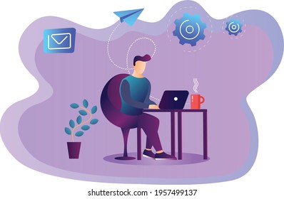 Man Working on Laptop Vector Illustration