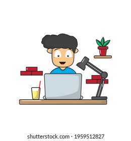 man working on laptop vector icon illustration. work from home cartoon character. People icon concept isolated. Flat cartoon style for web landing page, banner, flayer, sticker, card