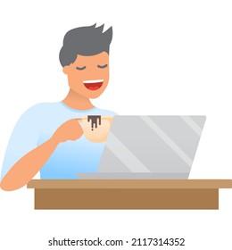 Man working on laptop vector icon isolated on white background. Freelance worker using computer and internet for online business development