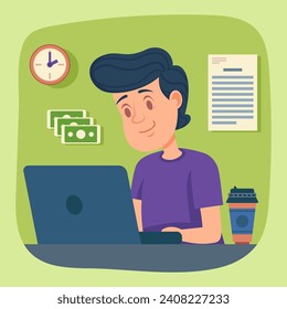 Man working on laptop vector illustration. Money, clock, document and disposable cup of coffee on background.