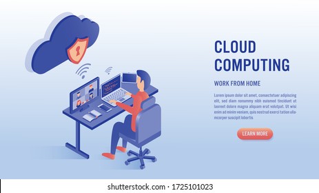 Man working on laptop with video conference concept. Work from home, coding, cloud computing and online meeting. Illustrations isometric flat vector design.