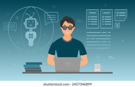 A man working on a laptop with virtual screen of artificial intelligence robot or chatbot technology concept. Vector illustration.