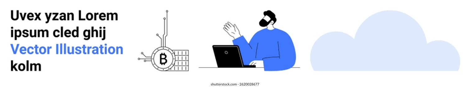 Hombre trabajando en la computadora portátil, saludando, símbolo de Bitcoin, gráfico, nube. Ideal para blogs en tecnología, fintech, trabajo remoto, blockchain, soluciones de TI, computación en la nube, marketing digital