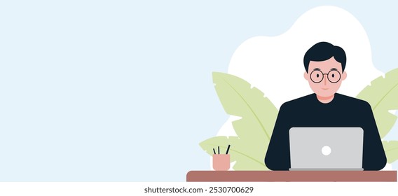 Man working on a laptop. web banner