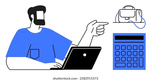 Man working on laptop while pointing at a briefcase and calculator. Ideal for business strategy, financial planning, organization, workplace productivity, office tools, goal setting, efficiency. Line