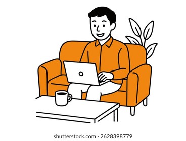 Man Working on Laptop While Sitting on Sofa – Remote Work Illustration